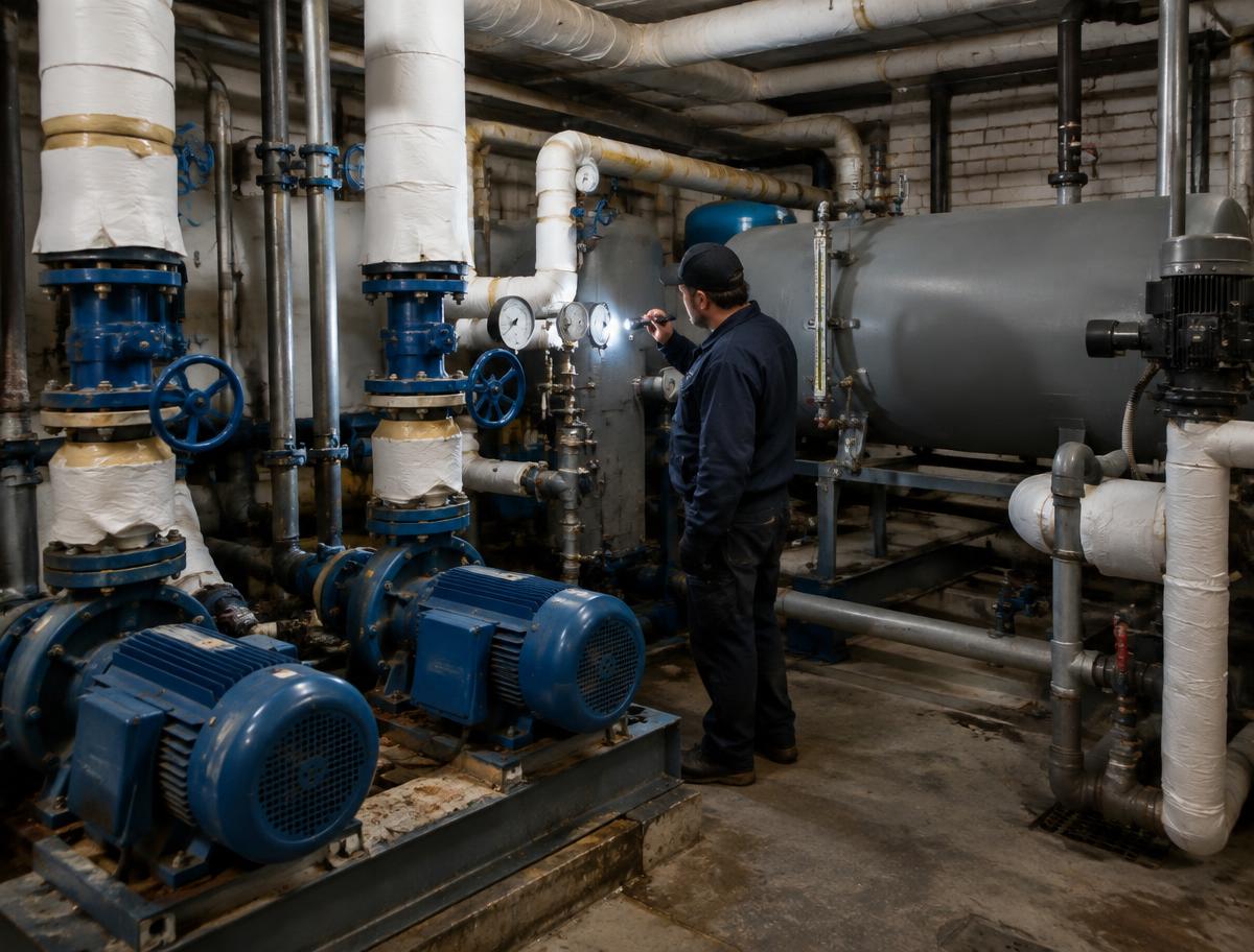 Technician checking gauges on boiler-feed pumps and a condensate receiver in a NYC boiler room