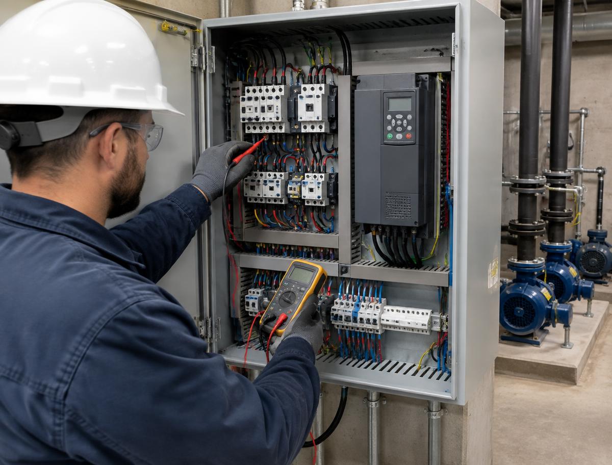Technician testing a pump control panel with magnetic starters and a VFD